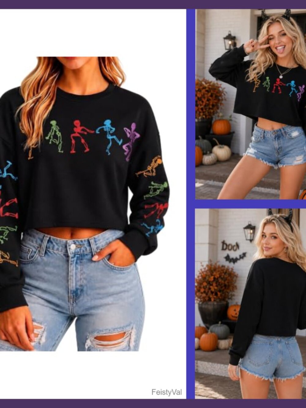 Halloween Glitter Skull Crop Sweatshirt Women Balloon Sleeve Pullover